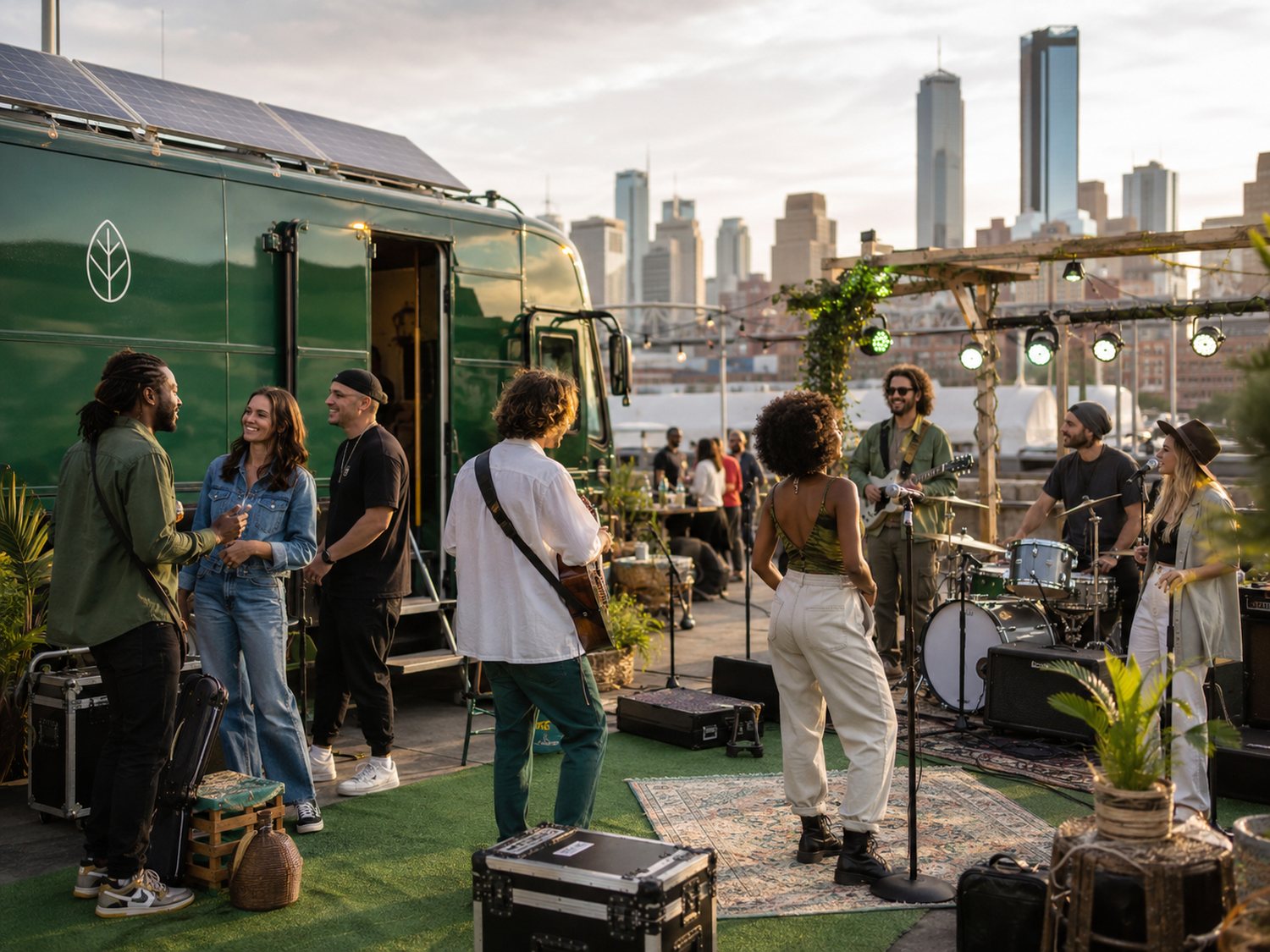 A solar-powered green tour vehicle and a live band playing a rooftop set at golden hour, city skyline behind